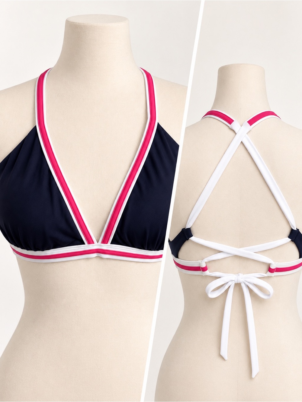 NWT Nautica Triangle Bikini Top Navy Pink White Cross Back Size L